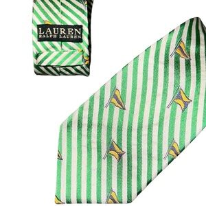 Unique Ralph Lauren LRL Green White Stripe Graphic Flag 100% Silk Men’s Necktie